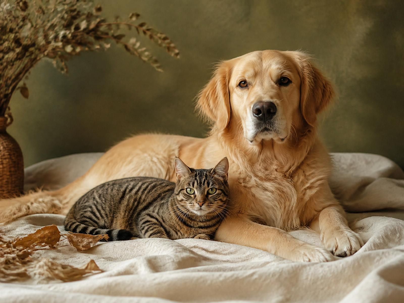 Cão e gato descansando juntos sobre um tecido claro